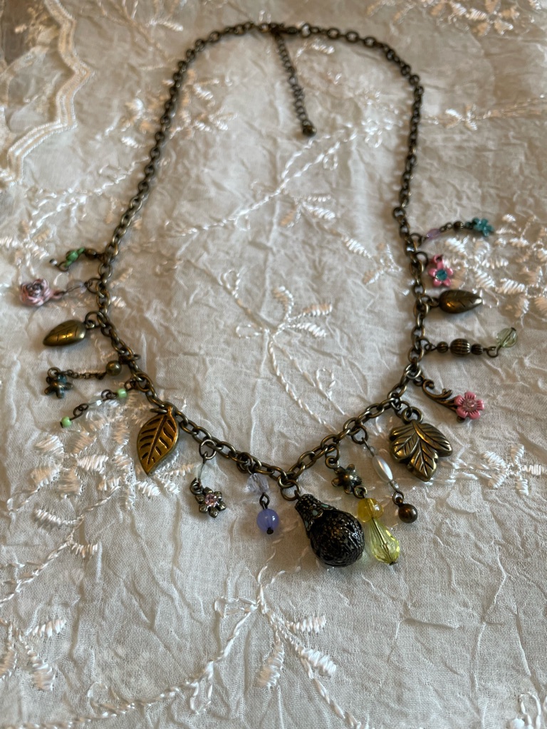 New 20” (W/ 3” Extension)Antique Brass Charm Necklace With Multicolor Beads.